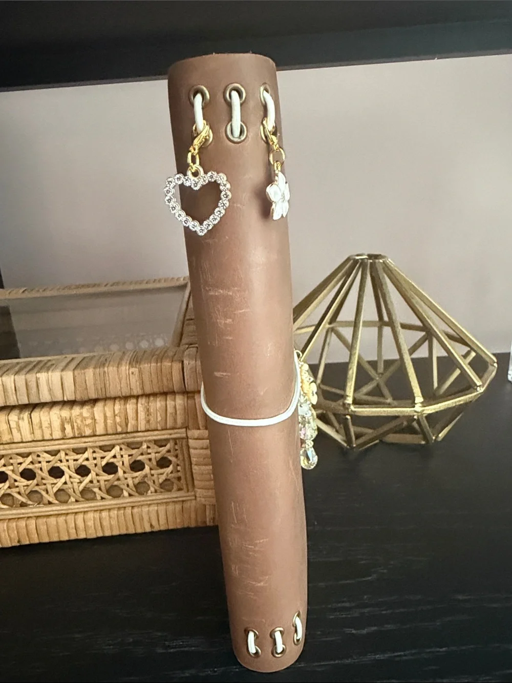 TRACE Brown Leather A5  Journalwith Gold & Crystal Frount Charm & 2 side charms